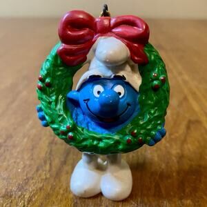 RARE Smurf Christmas Wreath Ornament 51906 Gold Cord Vintage 1981 Portugal